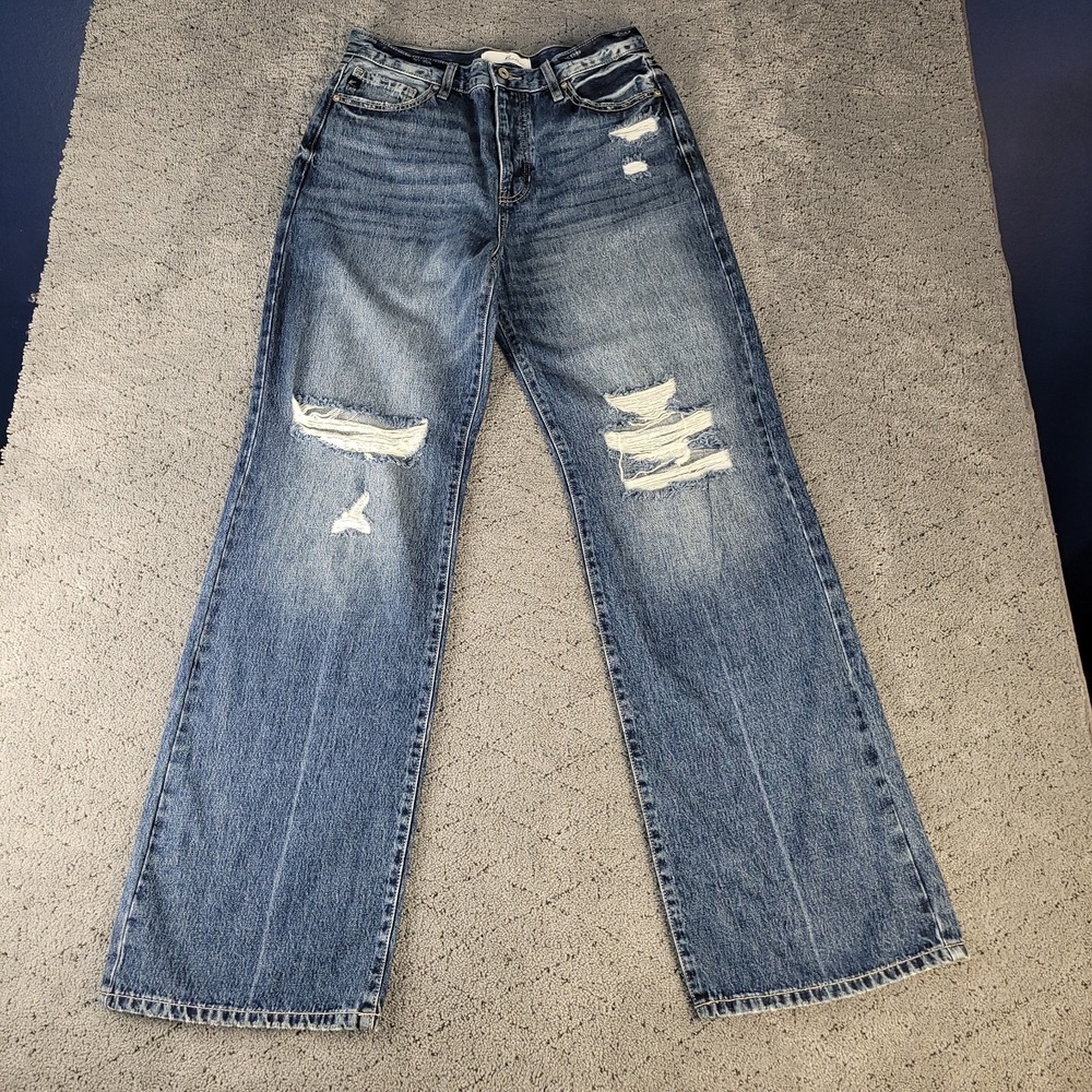 KanCan Jeans Womens 11 Blue Ultra High Rise 90s Wide‎ Leg Flare Distressed Denim